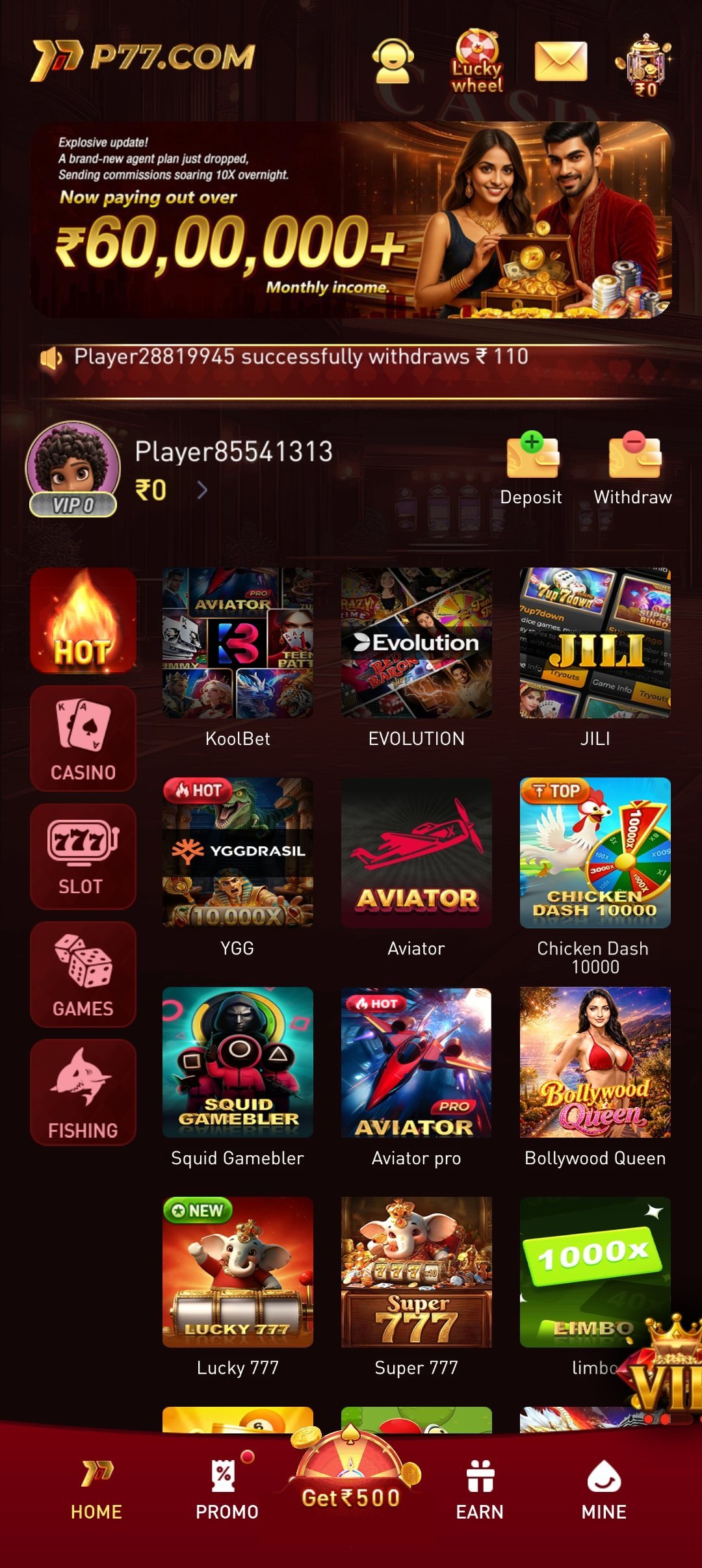 P77 App home screen showing slots, live casino and card games